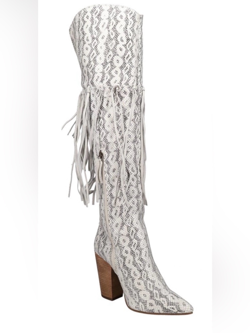 dingo White Snake-Print Fringe Knee-High Boots